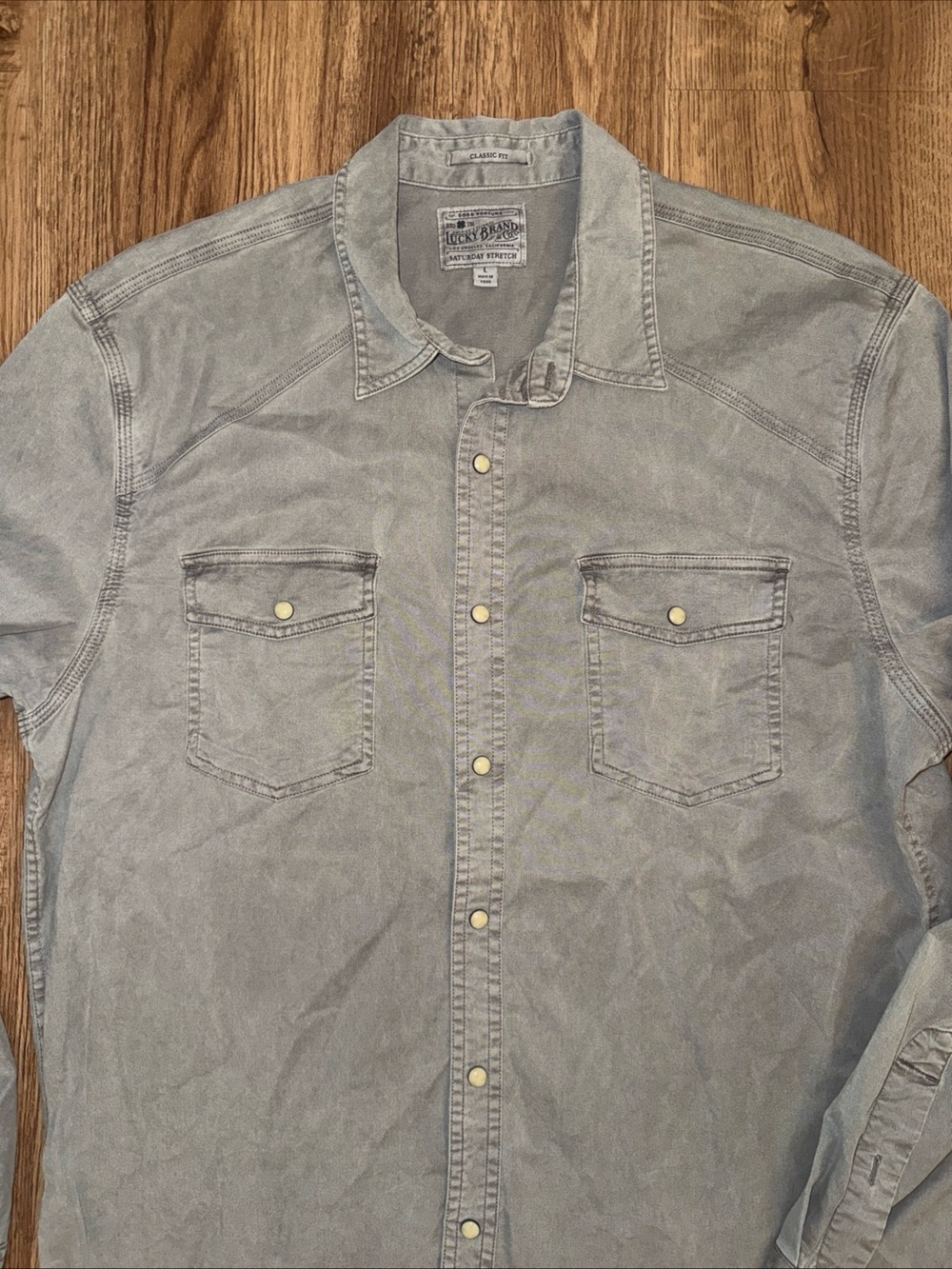 Lucky Brand Shirt Mens Large  Gray Western Pearl Snap Saturday Stretch